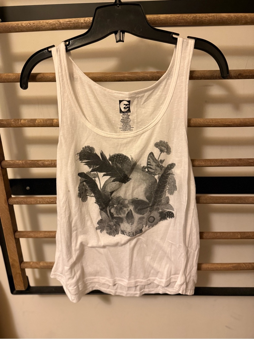 Billabong White Tank Top with Black Floral Skull Graphic